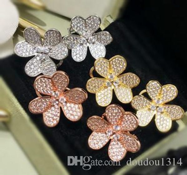 

yellow gold plated copper full cz stone three leaf flower earrings for women 2019 selling new luxury fashion jewelry, Golden;silver