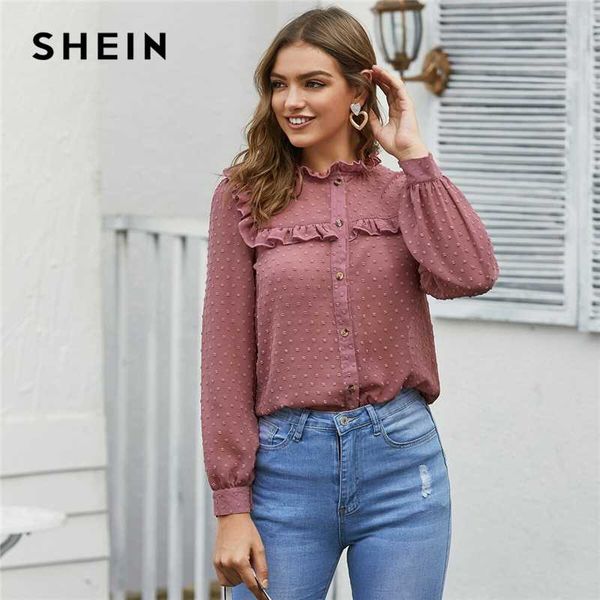 

shein pink swiss dot frill trim sheer shirt blouse women spring long sleeve stand collar office lady elegant buttoned blouses, White