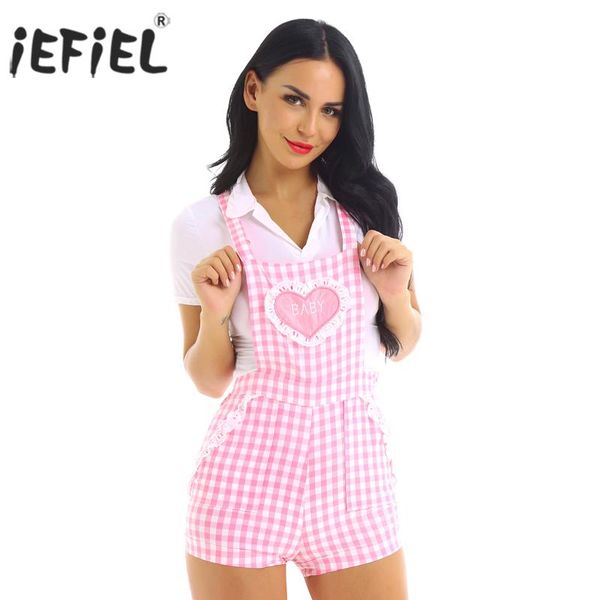

womens cute school girls clothing short overalls baby patch criss-cross back gingham print babydoll short overalls shortalls, Black;white