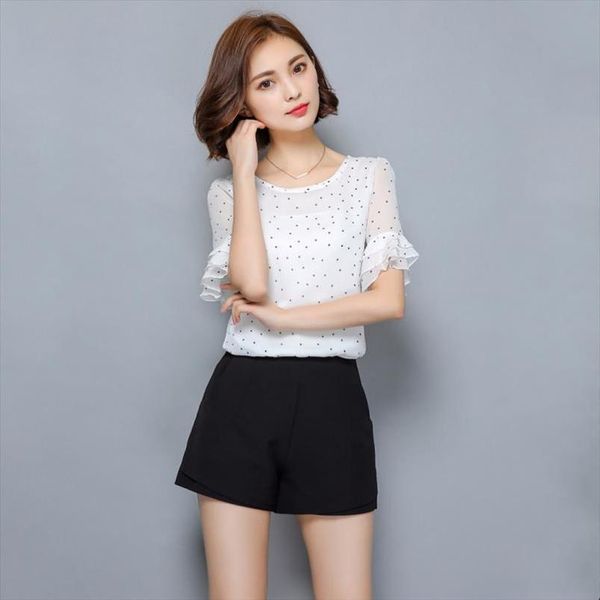 

elegant women blouses summer 2020 short sleeved blouse chiffon polka dot shirt ladies shirts plus size fomal party clothing, White