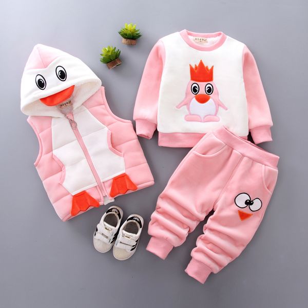 

new baby girl clothes baby suit gold velvet warm clothes cartoon bear plus velvet padded sweater boy hooded vest 3pcs, White