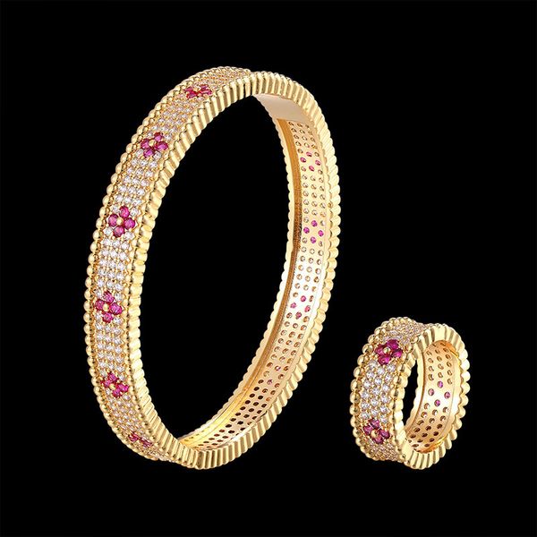 

Classic Luxury beaded bangle and ring jewelry set 3A white zircon and color zircon Bracelet female fashion accessories bestgift