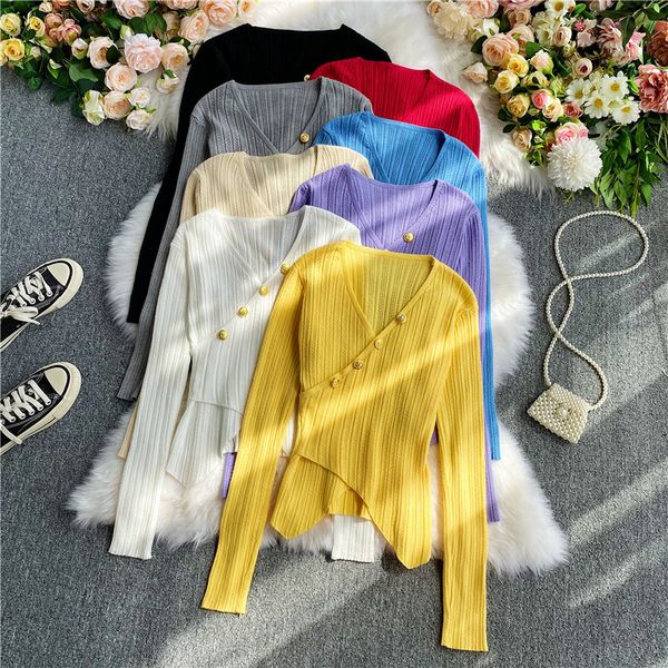 

slim 2020 v neck pull femme autumn knitted short irregular pullover sweater casual asymmetrical women jumper sweater, White;black