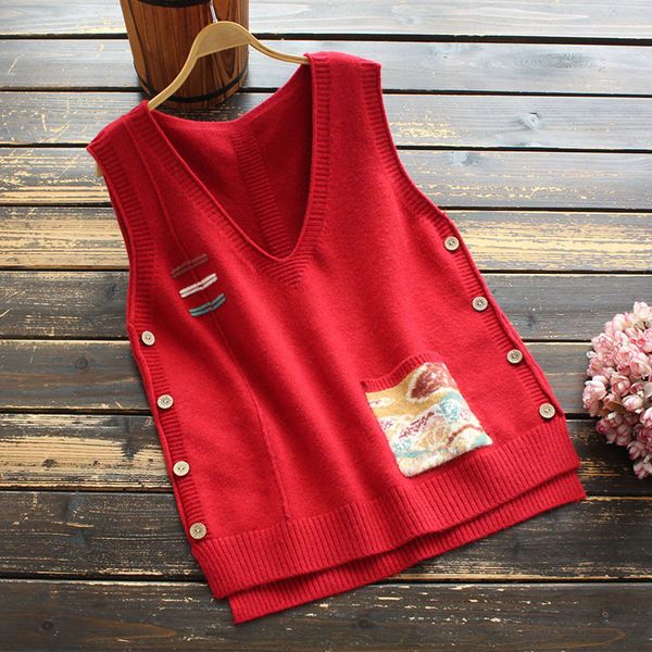 

8108 new autumn women's korean-style artistic v-neck buttons loose knitted vest sweater, Black;white