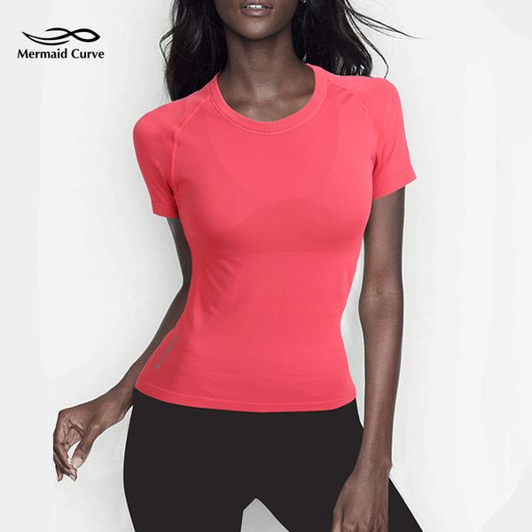 

русалка curve лето новых женщин бесшовные йога с коротким рукавом футболка высокая упругие tight фитнес быстросохнущие письмо спортивная фут, White;red