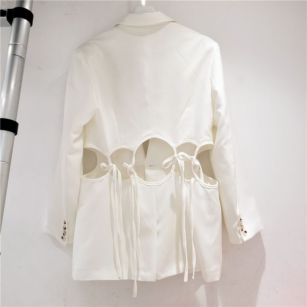 

deat 2020 autumn new long sleeve turn down collar white back bandage hollow out single button coat women streetwear mj830, Black;brown