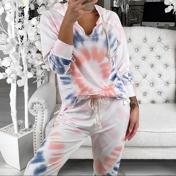 

women tie dye print two pieces sets tracksuits long sleeve t-shirt pants suit night fitness sporty outfits conjunto femenino #3, White;black