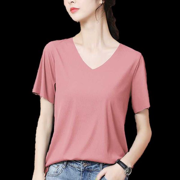 

summer women casual t shirt female v-neck woman's solid t-shirt short sleeve korean lady no trace ice tshirt harajuku tee, White