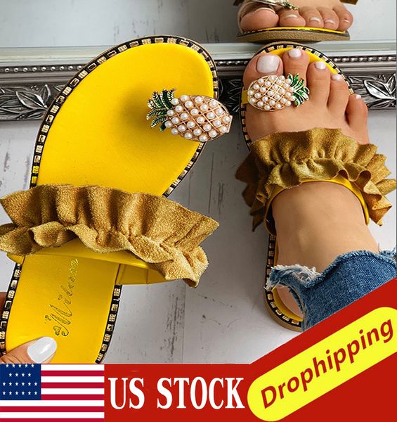 

Dropship Slippers Women Outdoor 2020 Handmade Pearl Flat Bottom Toe Pineapple Slippers Fairy Style Plus Size 35-43