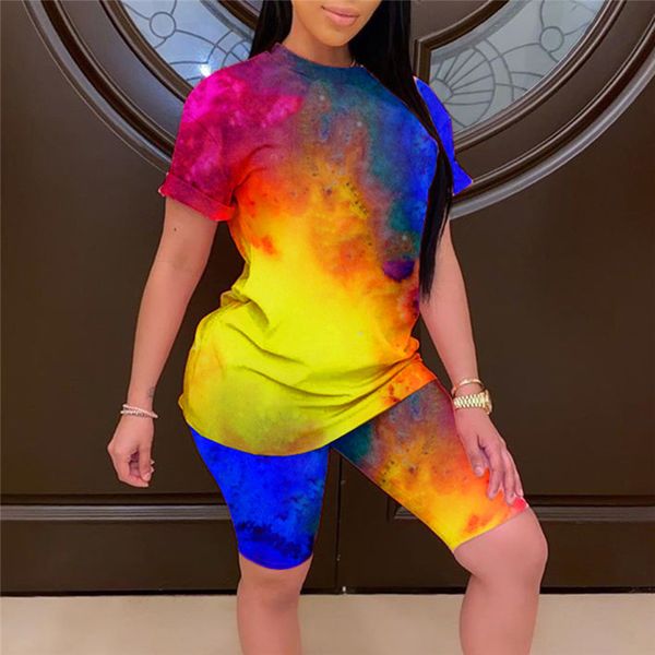 

2pcs sport set &shorts women summer fashion tie-dye printed pants casual fitness t-shirt sports set outfit, White;red