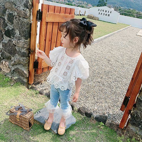 

children's wear girl's doll 2020 summer new korean lace shirt round collar short sleeve doll shirt top, White;black