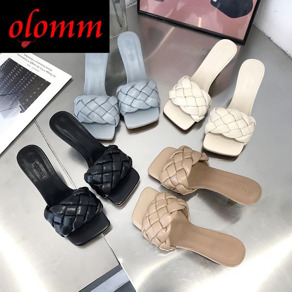 

vintage square toe slipper sandals women solid gingham high heel women's sandals block heel ladies shoes women, Black