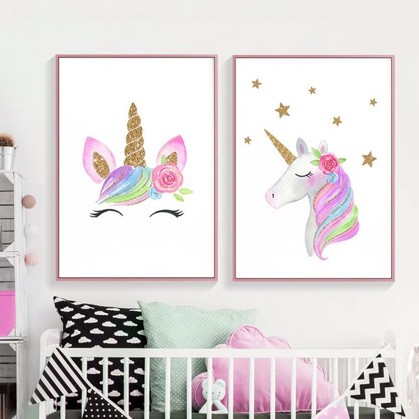 

cartoon baby nursery wall art unicorn rainbow cloud post cartoon animal canvas painting girls bedroom decorative picture
