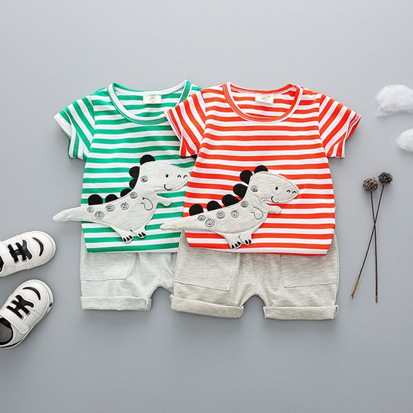 

1-4 years baby boy clothes 2 colors cute cartoon dinosaur boys clothing sets cotton striped t-shirt+pants 2pcs kids clothes suit, White