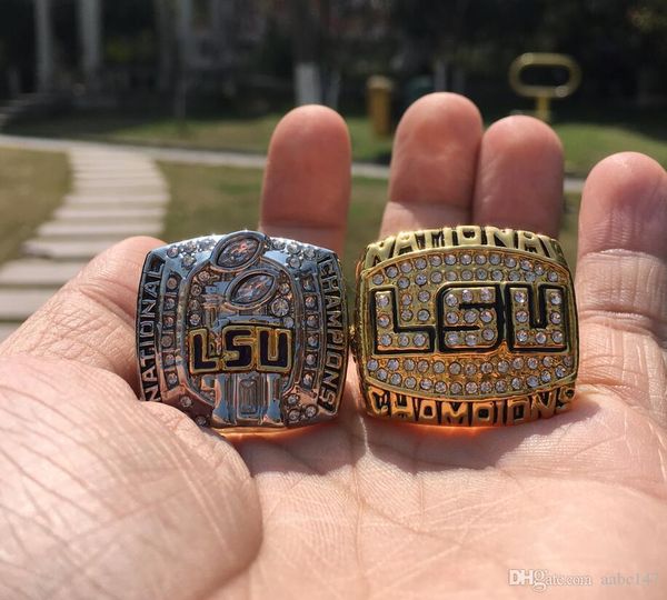

2pcs 2003 2007 lsu tigers национальный чемпионат кольцо set сувенирная вентилятора мужчины подарков оптовая перевозка груза падения, Golden;silver