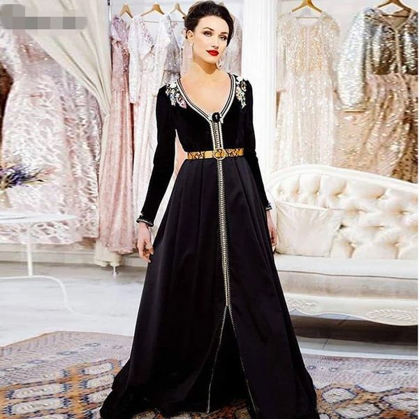 

elegant beaded moroccan caftan black formal evening dresses v neck long with embroidery a-line satin plus size vestidos formales abiye, Black;red