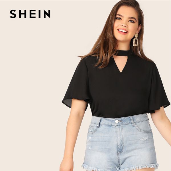 

shein plus size black keyhole back v-cut neck solid blouse 2020 women summer casual cut out short sleeve plus blouses shirt, White
