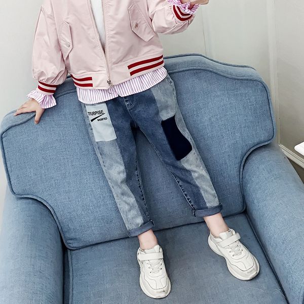 

girls' 2020 new autumn clothes children's elastic bucket pants loose sports jeans and jeans daddy pants elastic student fashion, Blue