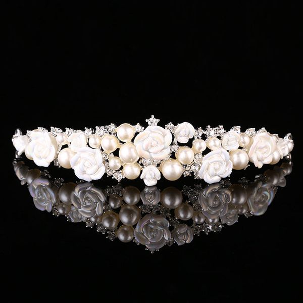 

alloy pearl crystal hoop headband tiaras hair jewelry soft ceramic flowers hairband headpiece wedding bride crown accessories sl, Golden;silver