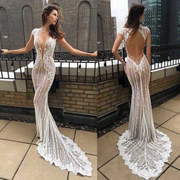 

berta 2020 mermaid wedding dresses deep v neck lace appliqued bridal gowns vestido de novia cap sleeve hollow back beach wedding dress, White