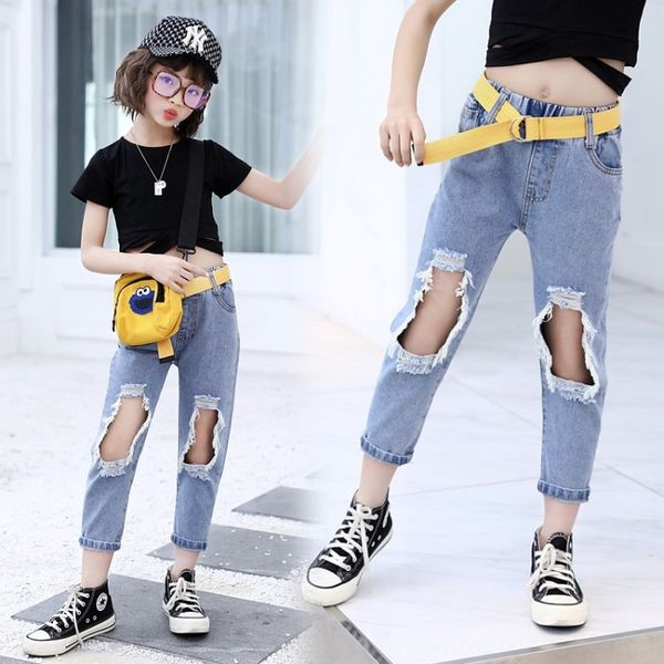 

c4co7 2020 girls fashion all-match hole-piercing medium and big children's jeans and jeans new summer clothes online fashion korean-sty, Blue