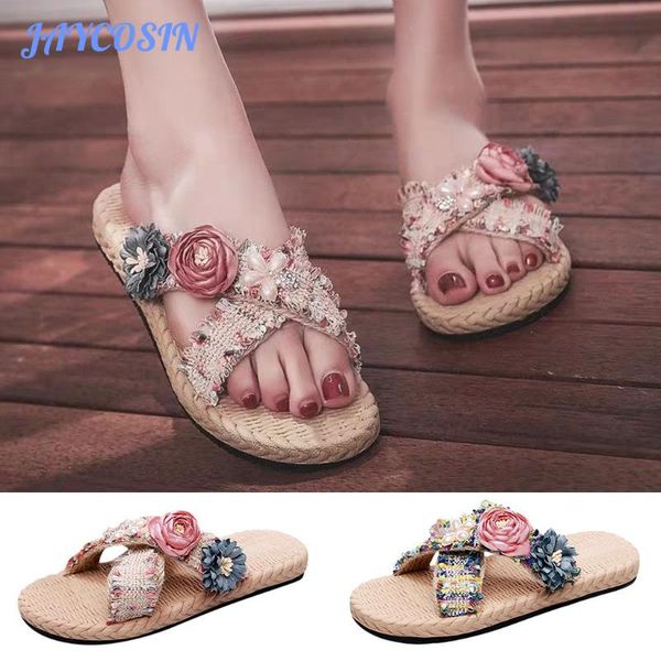 

jaycosin women shoes 2020 fashion sandals women furry slides flower flax casual home slippers flat sandals summer shoes, Black