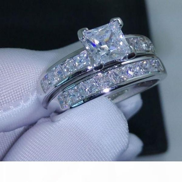 

wholesale-jewelry 10kt white gold filled z princess cut simulated diamond wedding ring set gift with box, Silver