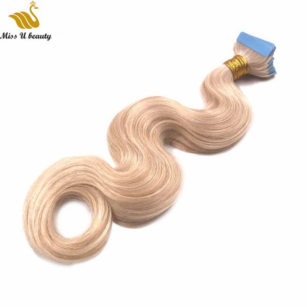 

613 blonde body wave tape in human hair extensions thick end remy human hair pu skin hair weft extensions 12-26inch, Black