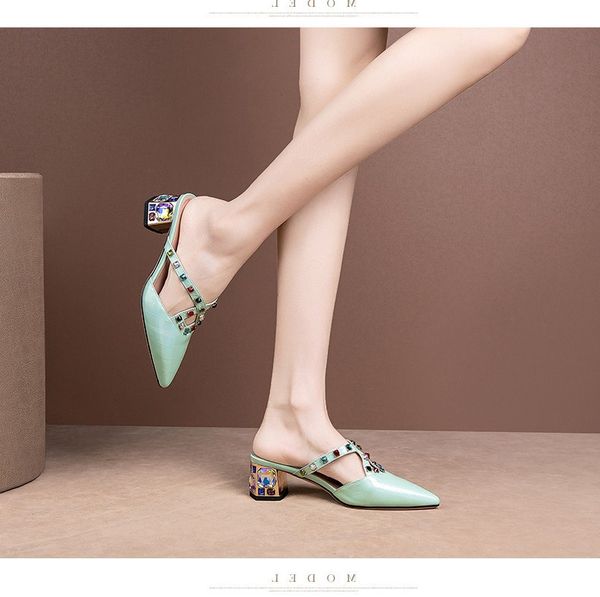 

2020 summer new chunky heel leather plus-sized pointed toe semi-high heeled party sandals slippers women's shoes, Black