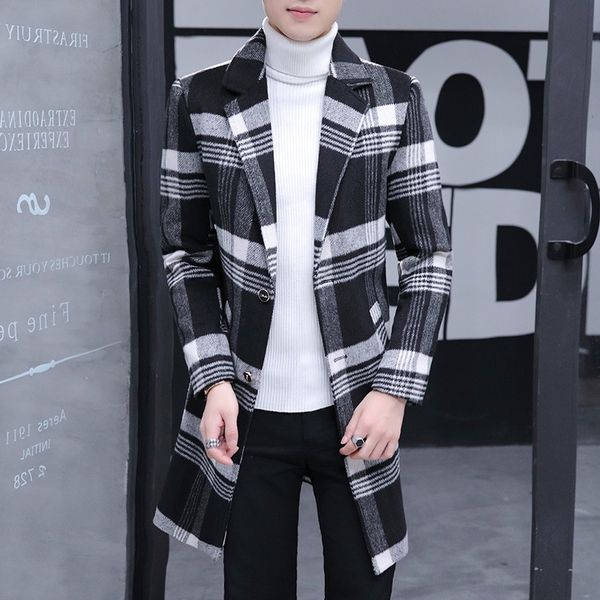 

men's business wool wool casual slim plaid collar woolen coat men's mid-length woolen coat, Black