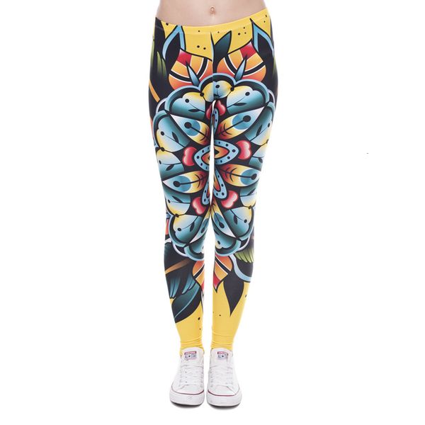 

new fashion women leggings creative design leggins printed trousers tattoo flower legging high waist polyester legins women pants, Black