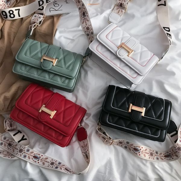 

texture new 2019 korean style all-match lingge embroidery thread single shoulder slanting fashion small square bag small square bag, White