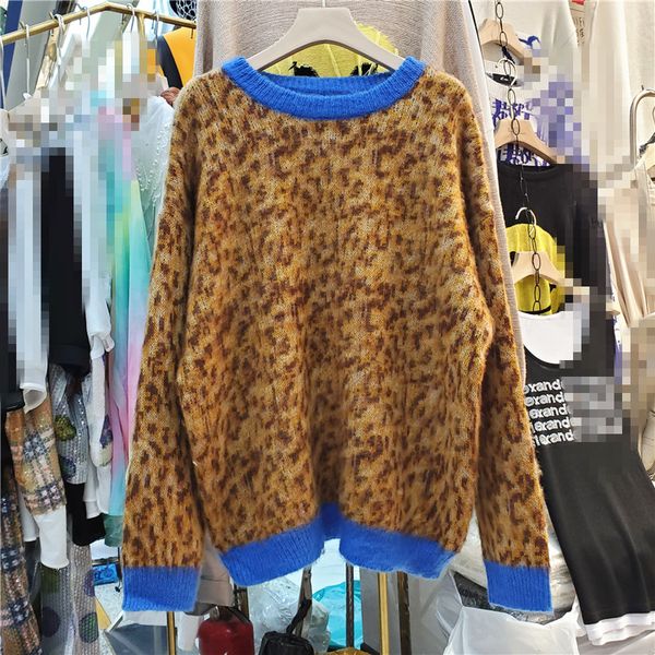 

ewq] autumn 2020 fashion o neck leopard pull-over knitting round neck pullover loose sweater long sleeve winter clothes woman, White;black