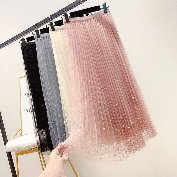 

tulle skirt women spring summer korean elastic high waist tulle skirts womens midi pleated skirt black pink beading a line mesh skirt