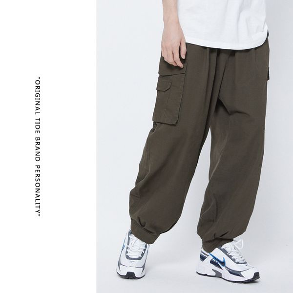 

casual multi-pocket ins super fire overalls mens fashion brand beam feet nine points loose and versatile cec pendant wide leg pants, Black