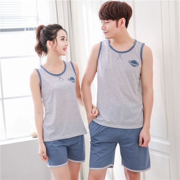 

couple vest cotton suit sleeveless women's large size men's padded pajamas sports home clothes shorts suit shorts home wear, Black;brown