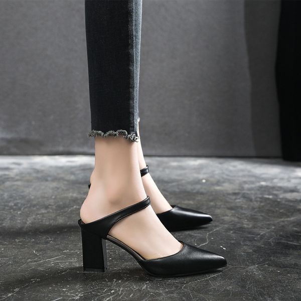 

female sandal large size comfort shoes for women beige heeled sandals block heels shallow mouth slip-on loafers summer women's, Black