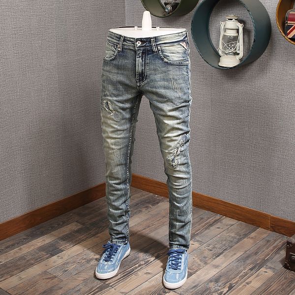 

italian style fashion men jeans retro blue slim fit ripped jeans men vintage denim pants streetwear elastic hip hop homme