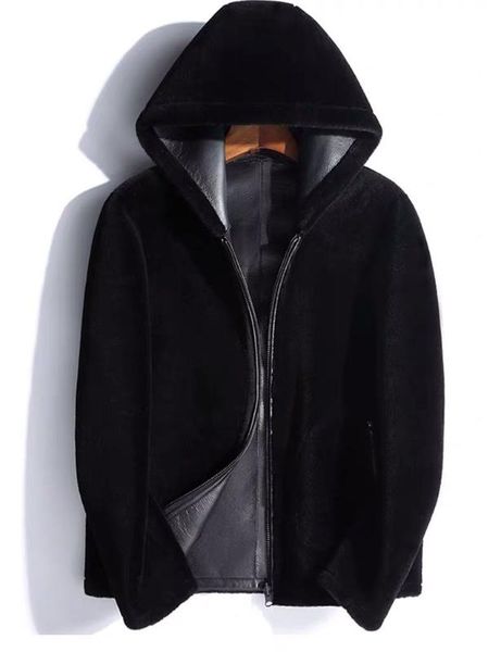 

fur story 20100 man's lamb fur coat sheep shearing coat with hood loose sheep sheare sheepskin short jacket, Black