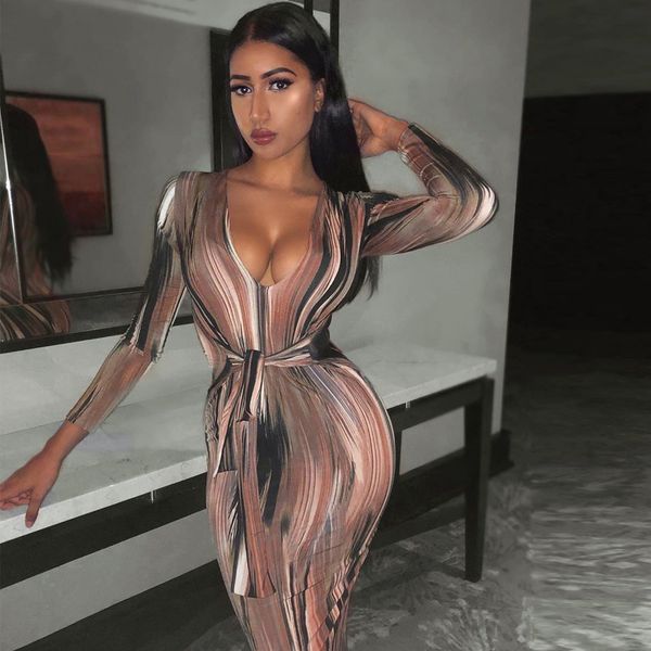 

Womens Designer Autumn Dress Women Personalized Printed Dress 2020 Designer Long Sleeve V-neck Dresses Lady Sexy Print Dresses with Sashes
