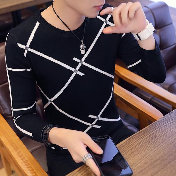 

new designer pullover plaid men sweater dress autumn winter warm jersey knitted sweaters mens wear slim fit knitwear, White;black