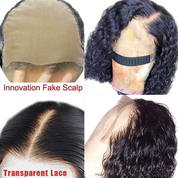 

13x6 deep part pixie cut bob water wave hd transaprent lace invisible lace front human hair wigs remy fake scalp short wig 130%, Black