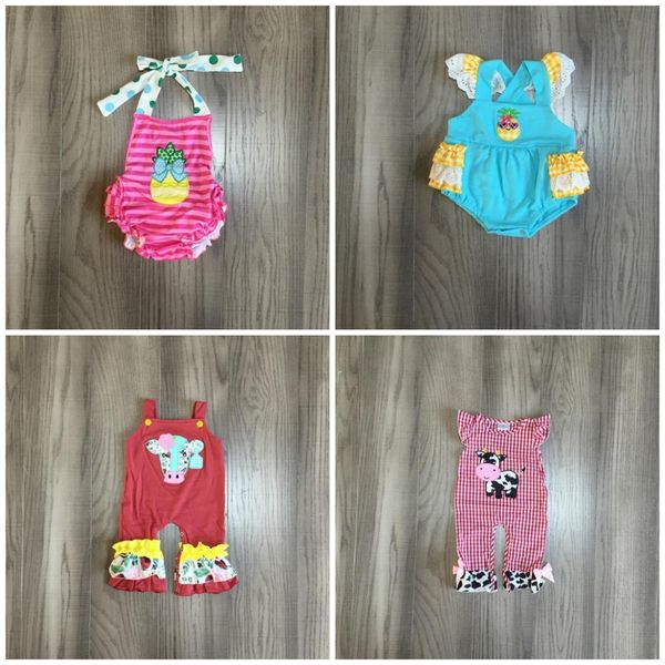 

summer baby girls plaid cow flower sleeveless tie romper children clothes boutique floral pineapple ruffle milk silk jumpsuit, Blue