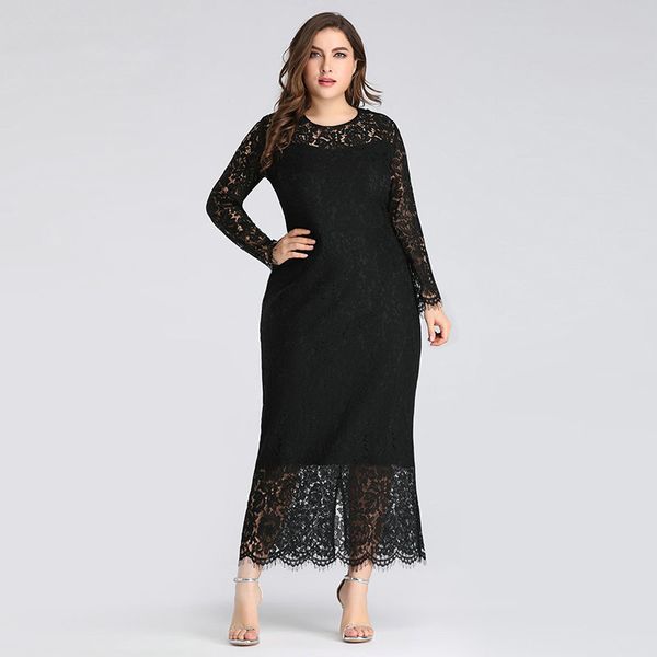 

2020 a-line long sleeve tea length full lace black little mermaid mother of the bride dresses, White;black
