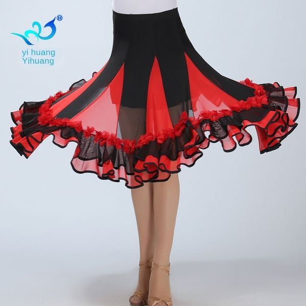 

square costume contrast practice performance square dance big skirt ballroom dance skirt, Black;red