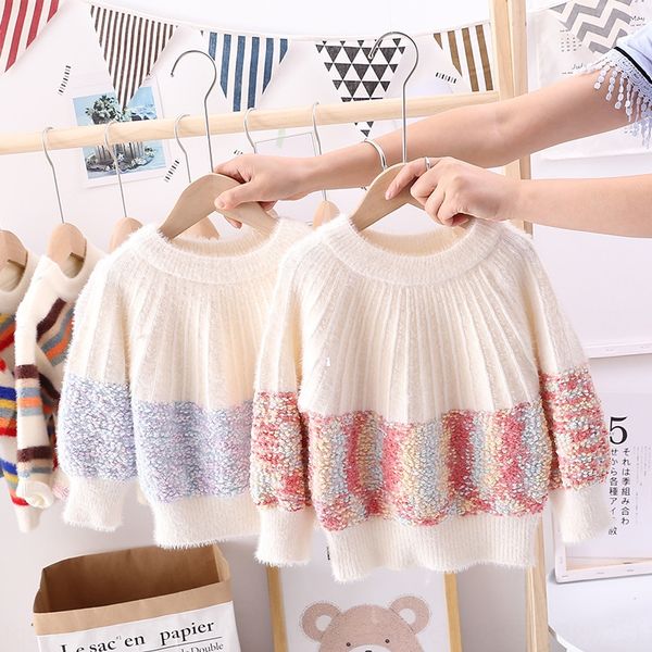 

6iwti korean style autumn and winter new round neck girls loose stitching long sleeve sweater children's knitted pullover sweater pullo, Blue