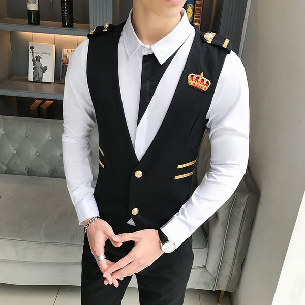 

embroidery crown dress vests for men slim fit waistcoat suits casual business wedding tuxedo vest gilet chalecos para hombre, Black;white