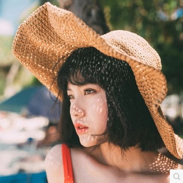 

korean beach straw large eaves straw korean style summer beach foldable sun hat women's sun hat, Blue;gray
