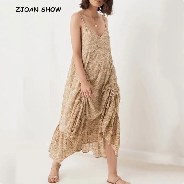 

2020 floral print shirring stitching pleated lacing up stream women bohemian spaghetti strap dress v neck boho dresses holiday, Black;gray