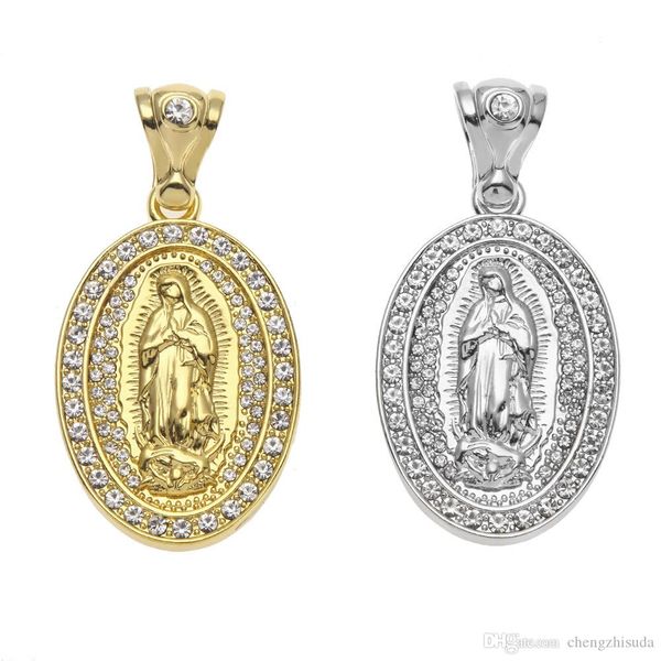 

new iced out oval virgin mary hip hop jewelry alloy bling rhinestone crystal golden silver pendant necklace cuban chain